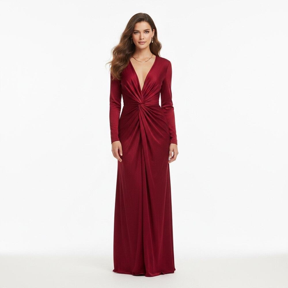 Mango Red Burgundy Satin Knot Front Maxi Dress Deep V Long Sleeve Sexy Cocktail